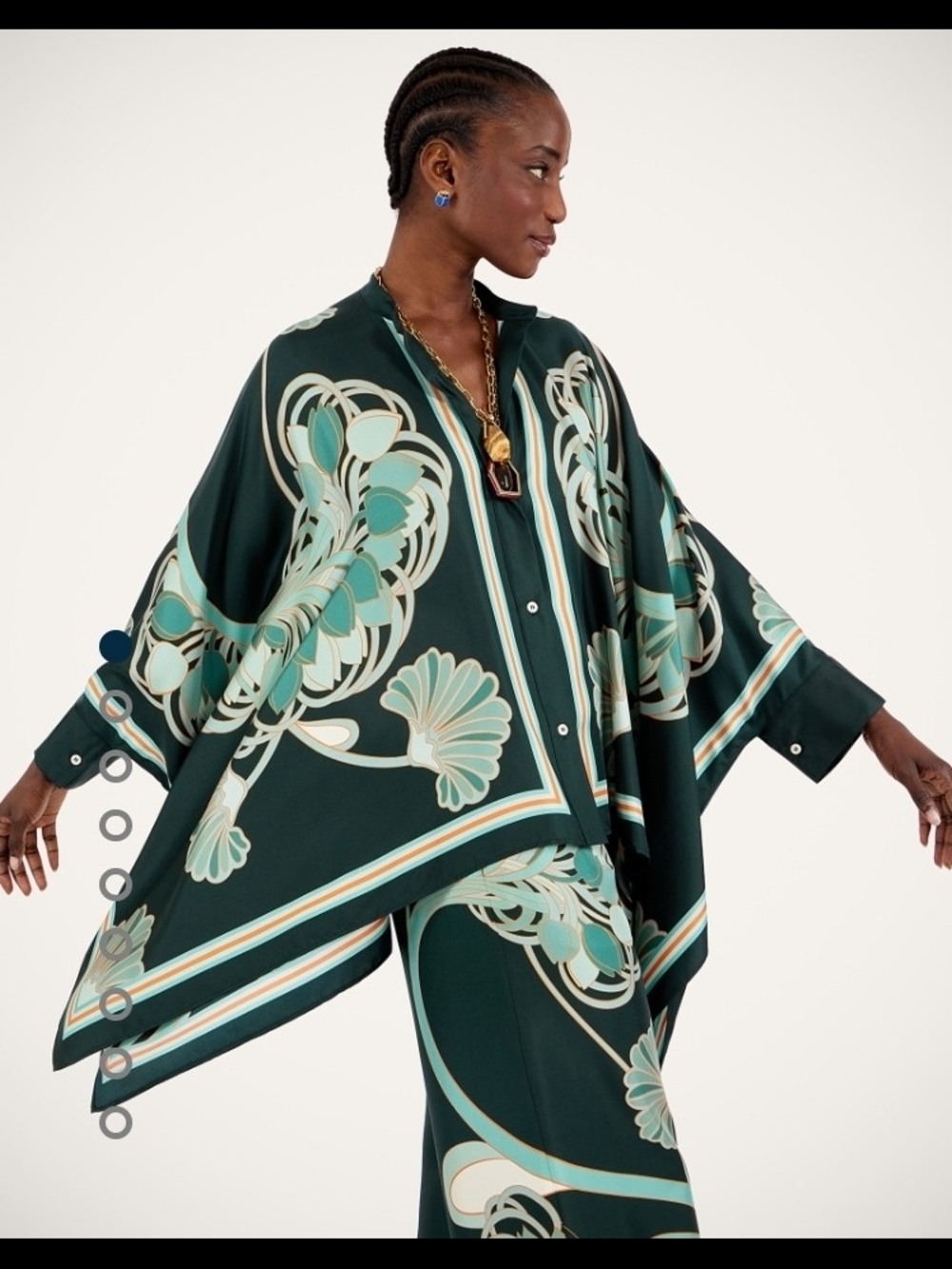 LA DoubleJ Dark Green Floral Silk Poncho Top